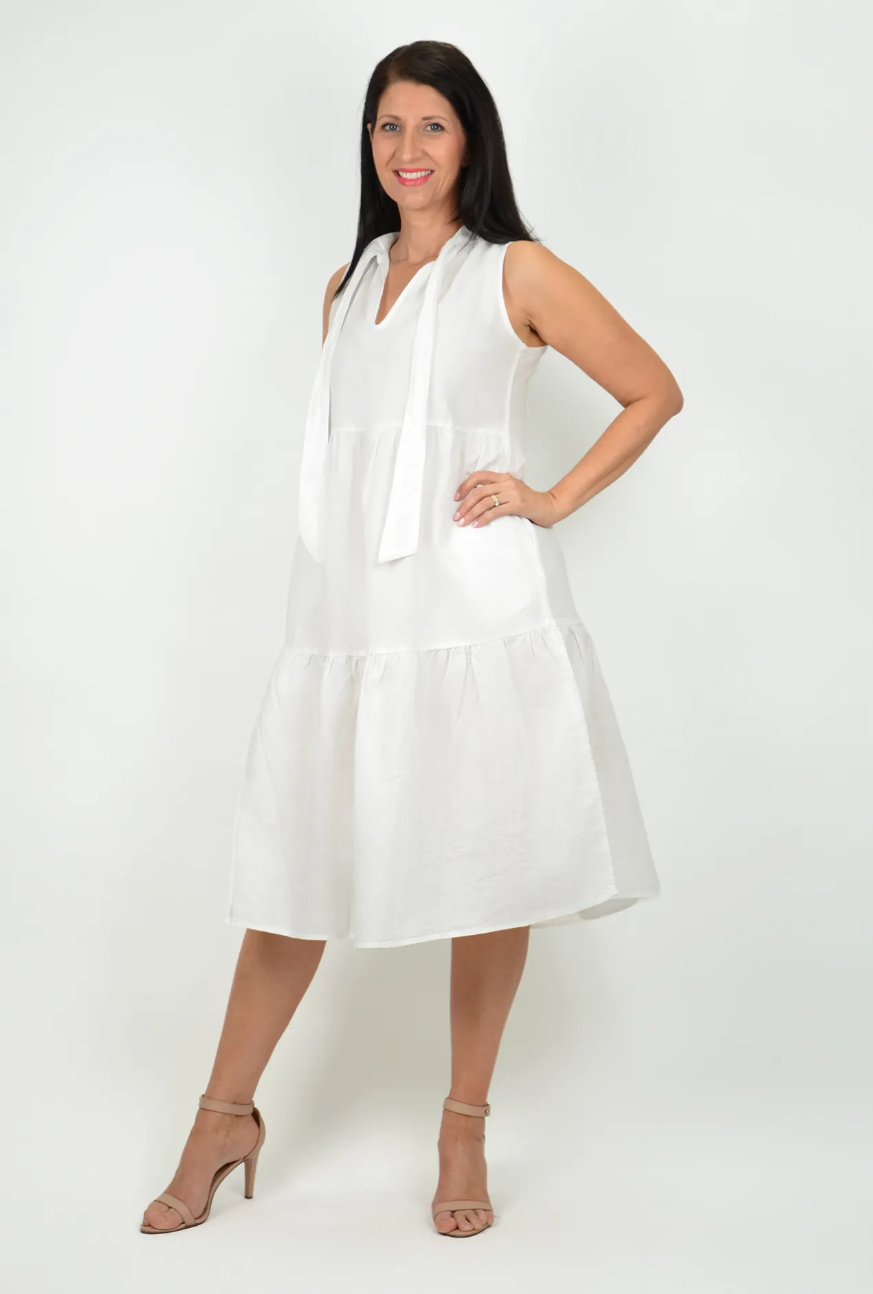 Sass Toni Linen Sleeveless Midi Dress in White- Sleeveless Dresses | Midi Dresses