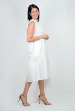 Sass Toni Linen Sleeveless Midi Dress in White- Sleeveless Dresses | Midi Dresses