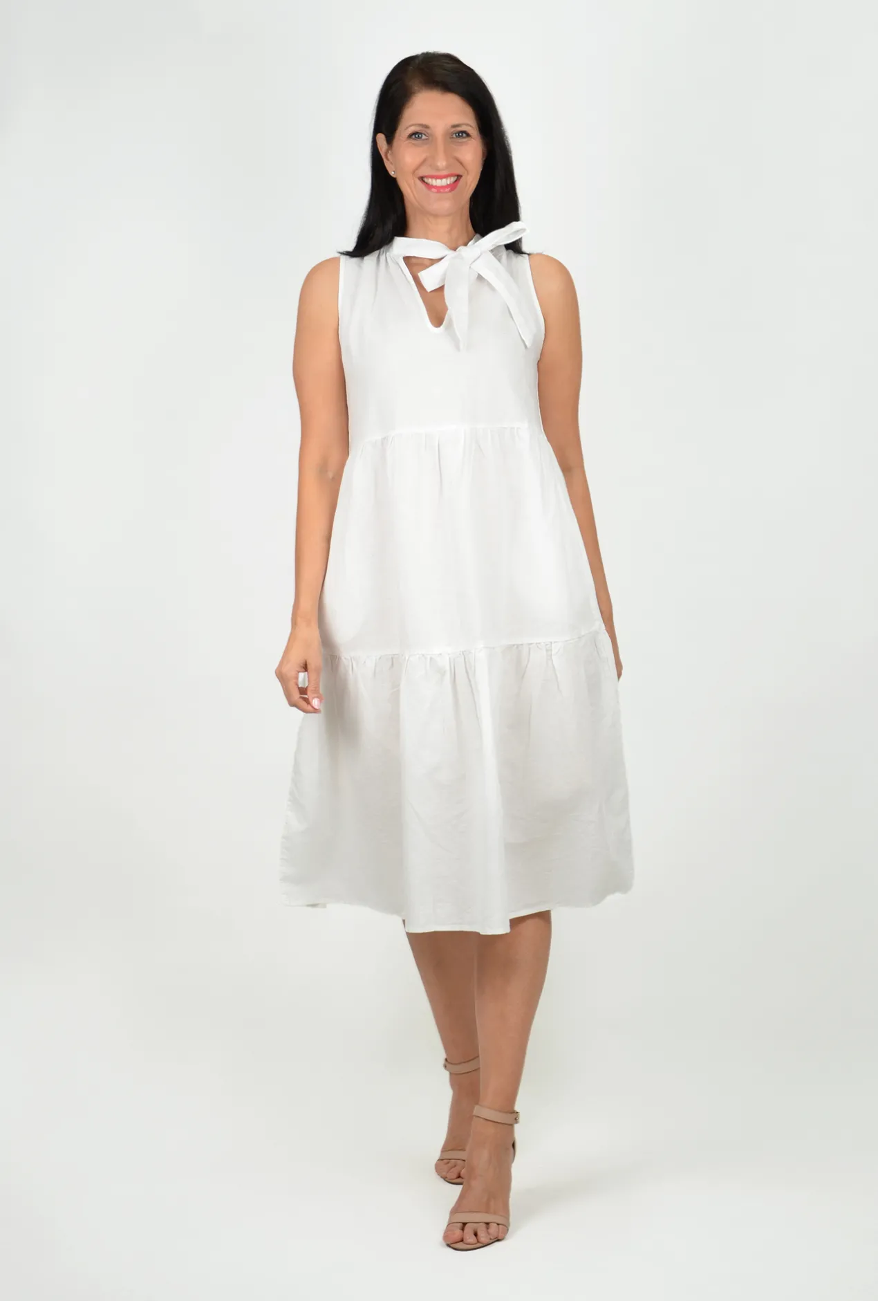 Sass Toni Linen Sleeveless Midi Dress in White- Sleeveless Dresses | Midi Dresses