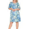 Orientique Twiggy Organic Cotton Shift Dress in Blue Palms- Sleeved Dress