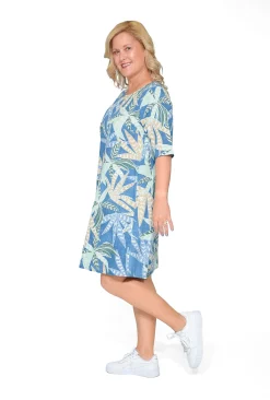 Orientique Twiggy Organic Cotton Shift Dress in Blue Palms- Sleeved Dress