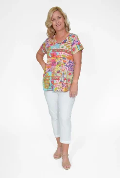 Orientique Vicki Cotton Essential V-Neck Tee in Bright Floral- Cotton Tops | Short Sleeve Tops