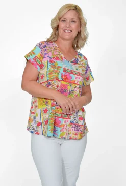 Orientique Vicki Cotton Essential V-Neck Tee in Bright Floral- Cotton Tops | Short Sleeve Tops
