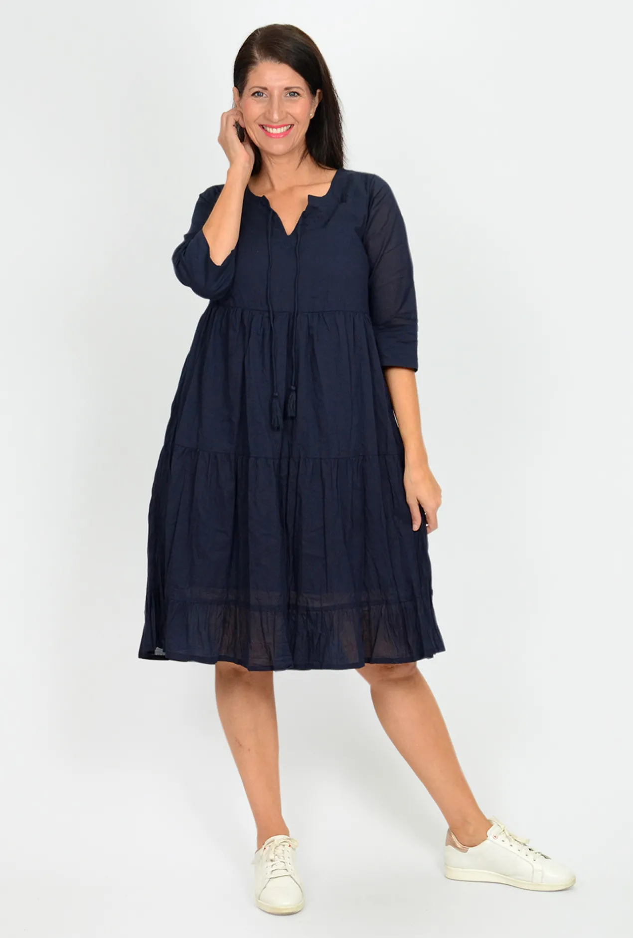One Summer Wendy Cotton 3/4 Sleeve Dress in- Long Sleeved Dresses | Knee Length Dresses