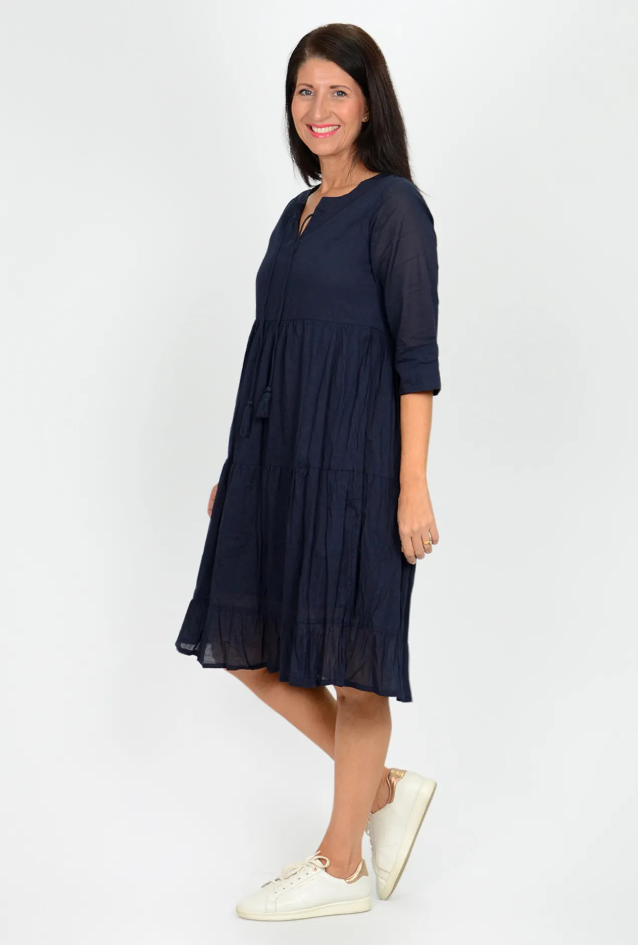 One Summer Wendy Cotton 3/4 Sleeve Dress in- Long Sleeved Dresses | Knee Length Dresses