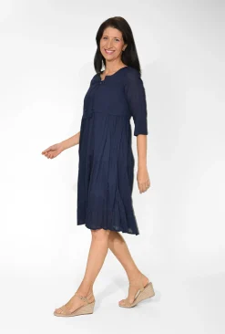 One Summer Wendy Cotton Sleeve Dress in Navy- Sleeved Dress