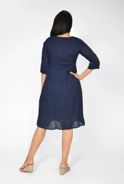 One Summer Wendy Cotton Sleeve Dress in Navy- Sleeved Dress