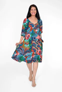 Orientique Willow Rayon Boho Sleeve Dress in Navy Mix- Knee Length Dresses | Sleeved Dress