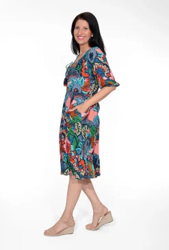 Orientique Willow Rayon Boho Sleeve Dress in Navy Mix- Knee Length Dresses | Sleeved Dress