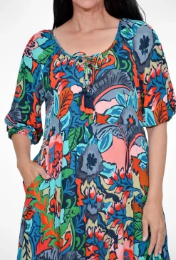 Orientique Willow Rayon Boho Sleeve Dress in Navy Mix- Knee Length Dresses | Sleeved Dress